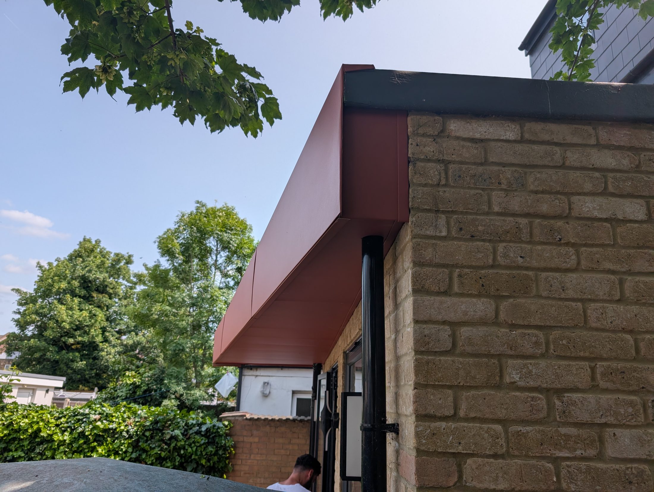 Close detail of PREFA aluminium soffit and fascia installation