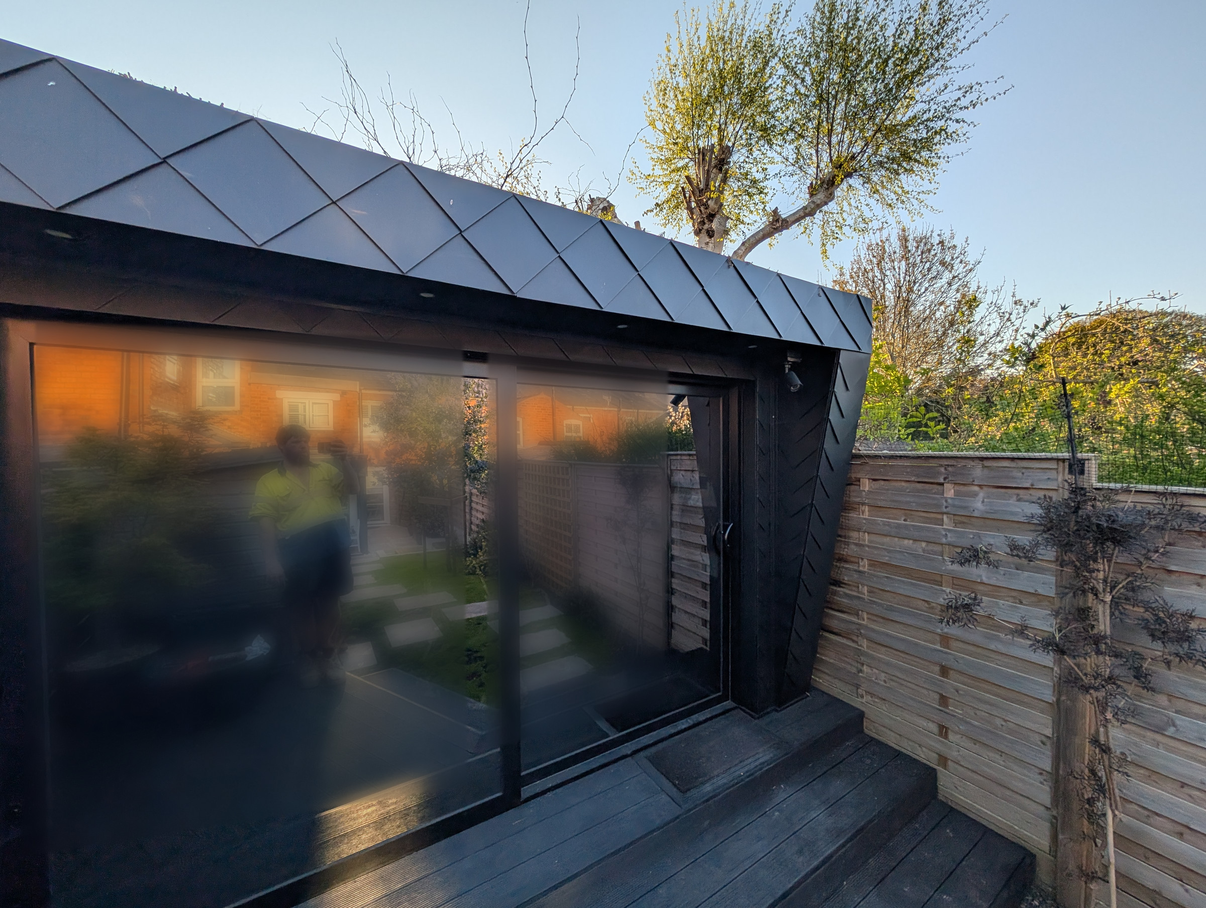 Finished PREFA Black garden room three-quarter elevation